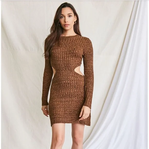 white christmas dresses Blue Knit Dress Long Sleeve High Neck Cut Out main image 1